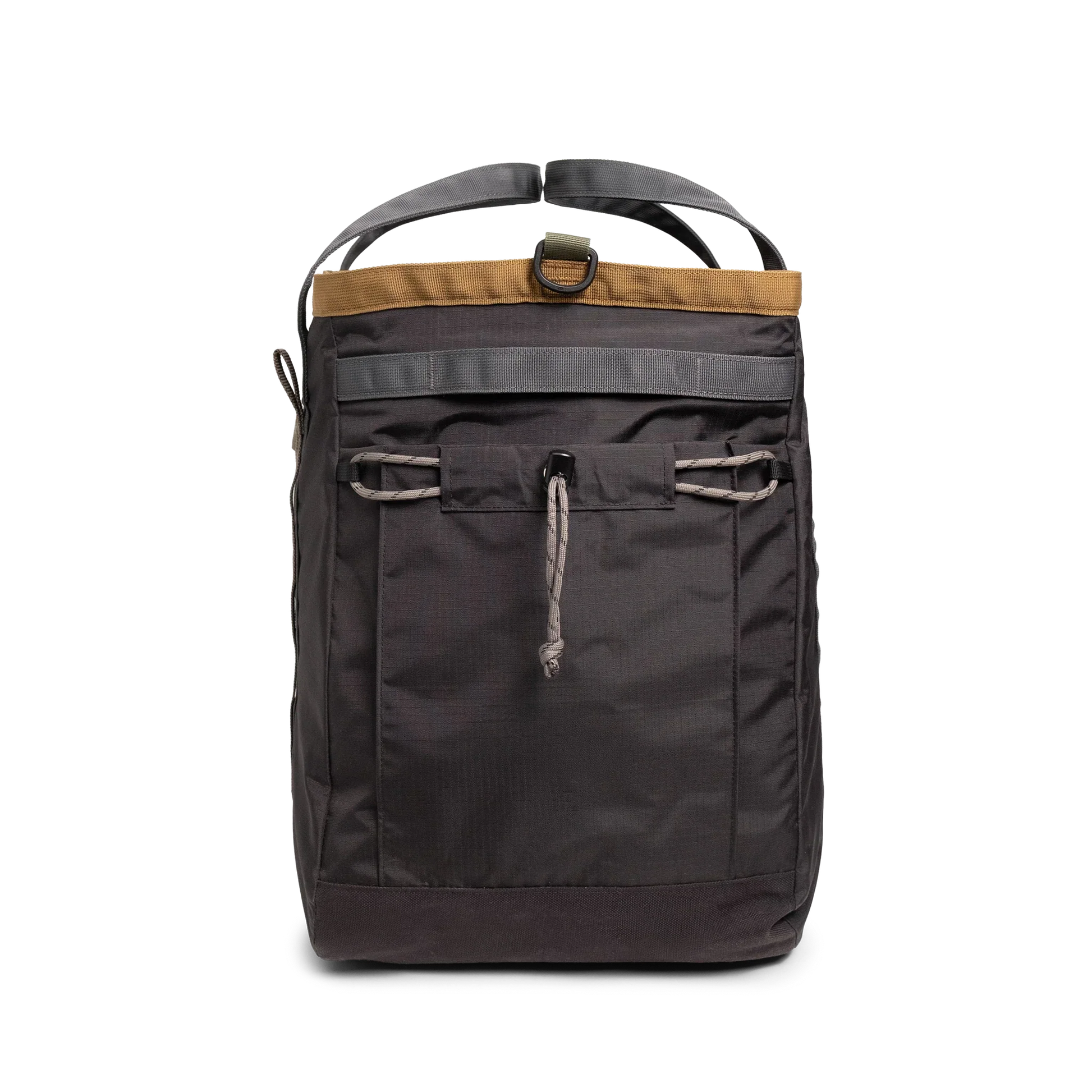 General detail shot of Topo Designs Mountain Gear Bag in "Black / Neutral" showing side pocket view.