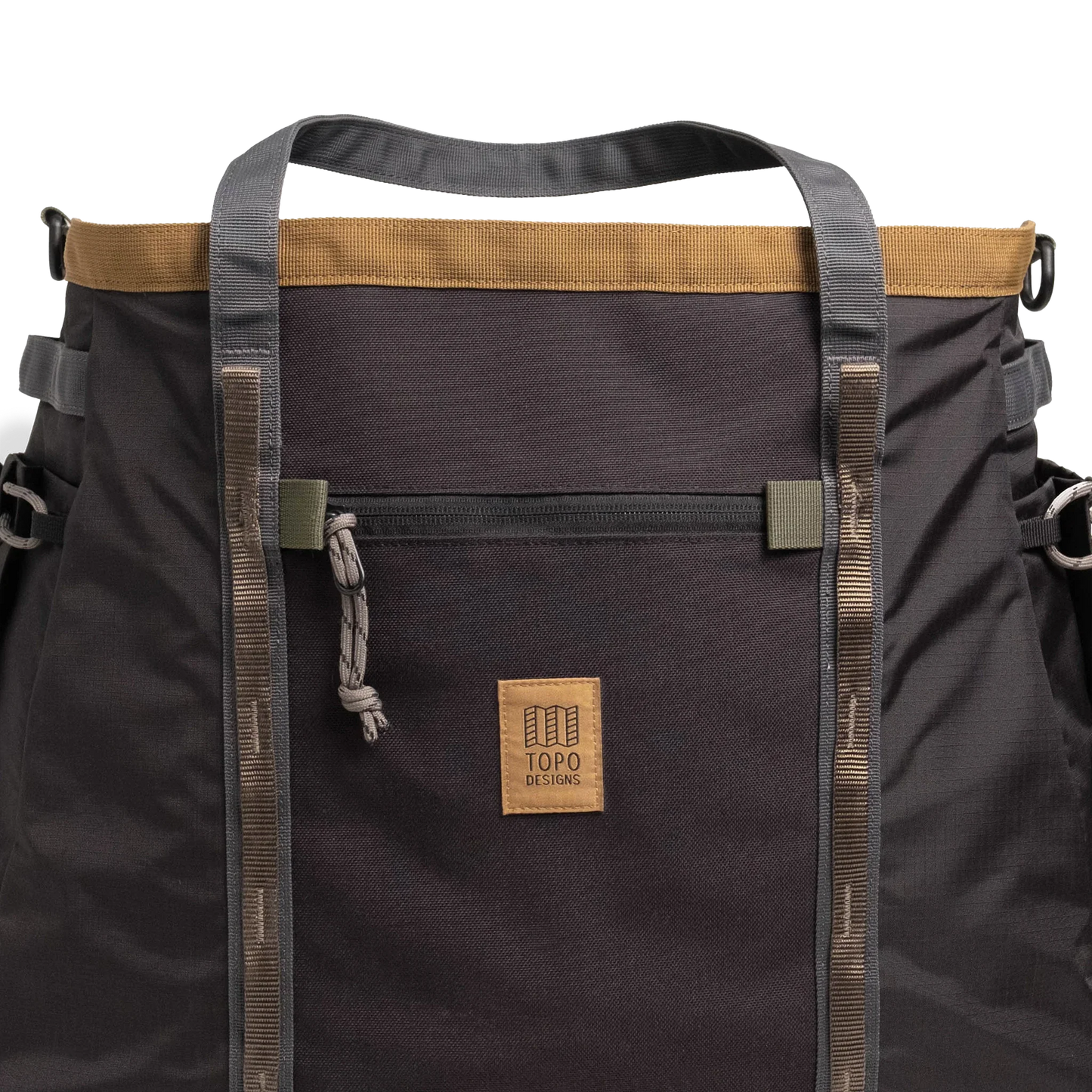 General detail shot of Topo Designs Mountain Gear Bag in "Black / Neutral" showing front of bag.