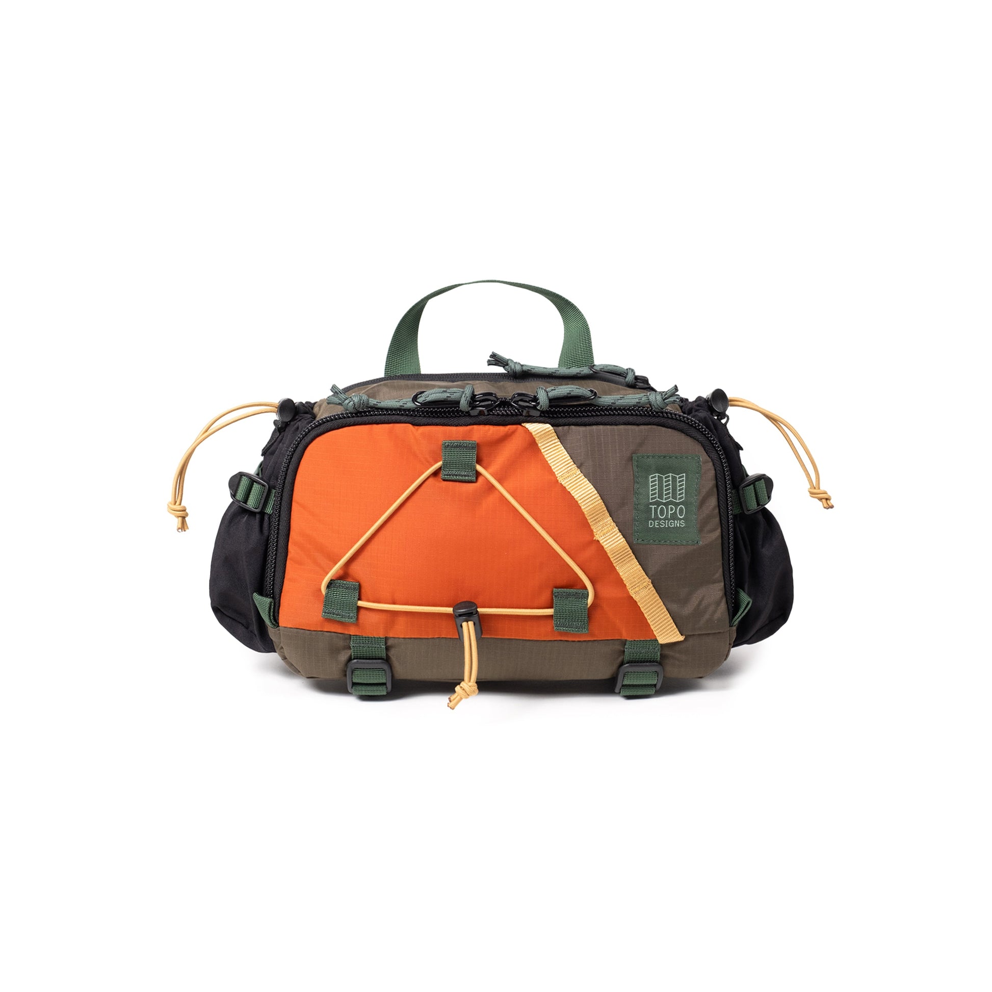 Front View of Topo Designs Mountain Hydro Hip Pack in "Woodland / Terracotta"