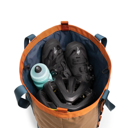 General open main compartment view of Topo Designs Mountain Utility Tote Bag hauler in lightweight recycled "Olive / Dark Khaki" nylon.