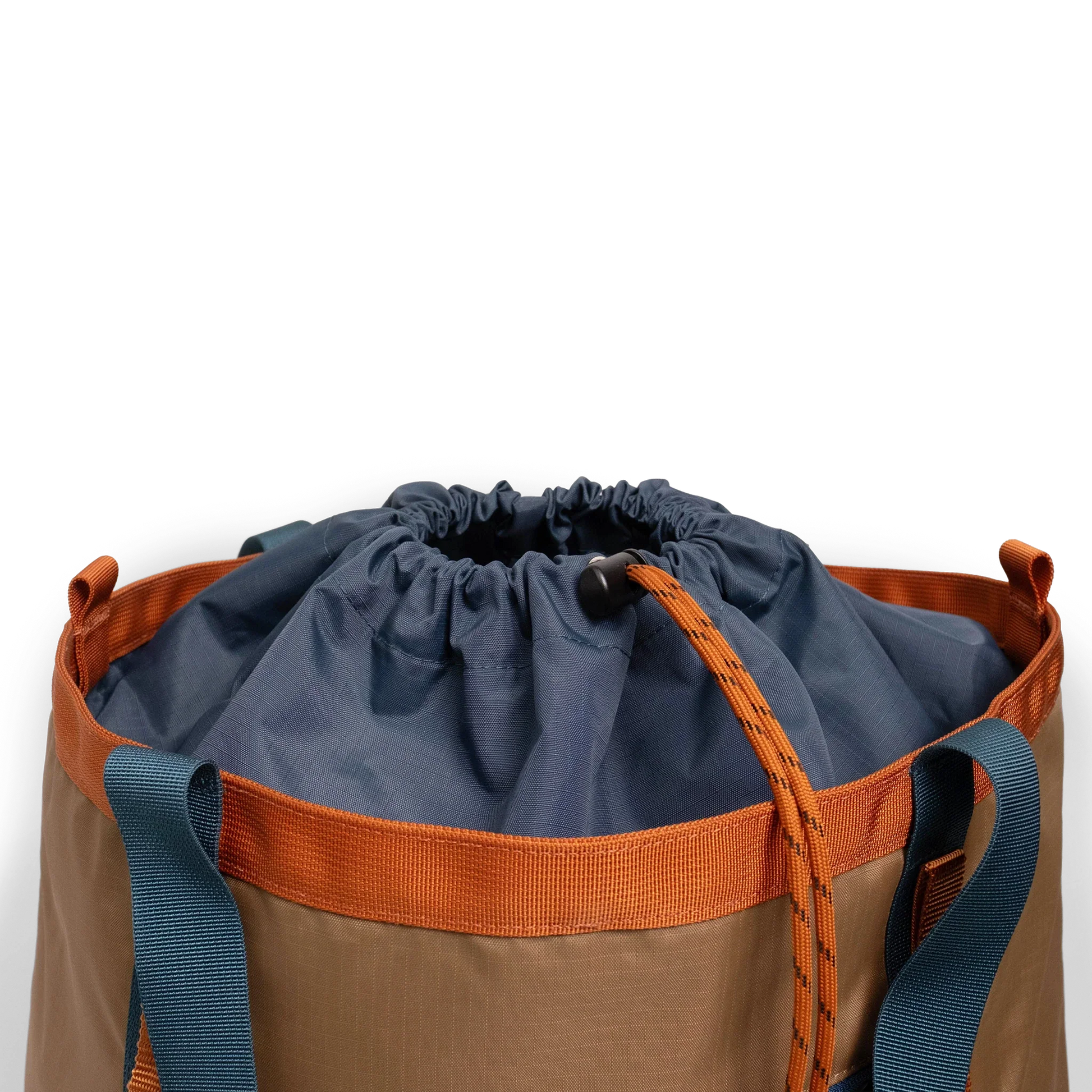 General detail shot of Topo Designs Mountain Utility Tote cinch top enclosure in "Olive / Dark Khaki".