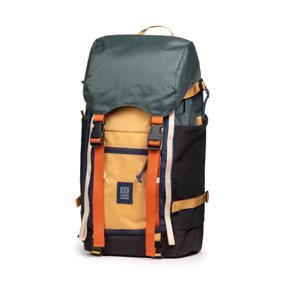 Front quarter view of Topo Designs Rover Trail Pack 22L in "Forest / Goldenrod"