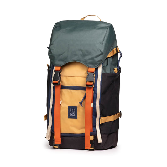 Front quarter view of Topo Designs Rover Trail Pack 22L in "Forest / Goldenrod"