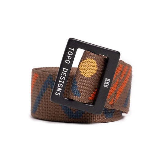 Front white background image of Topo Designs Slim Web Belt in "Desert Palm / Goldenrod"