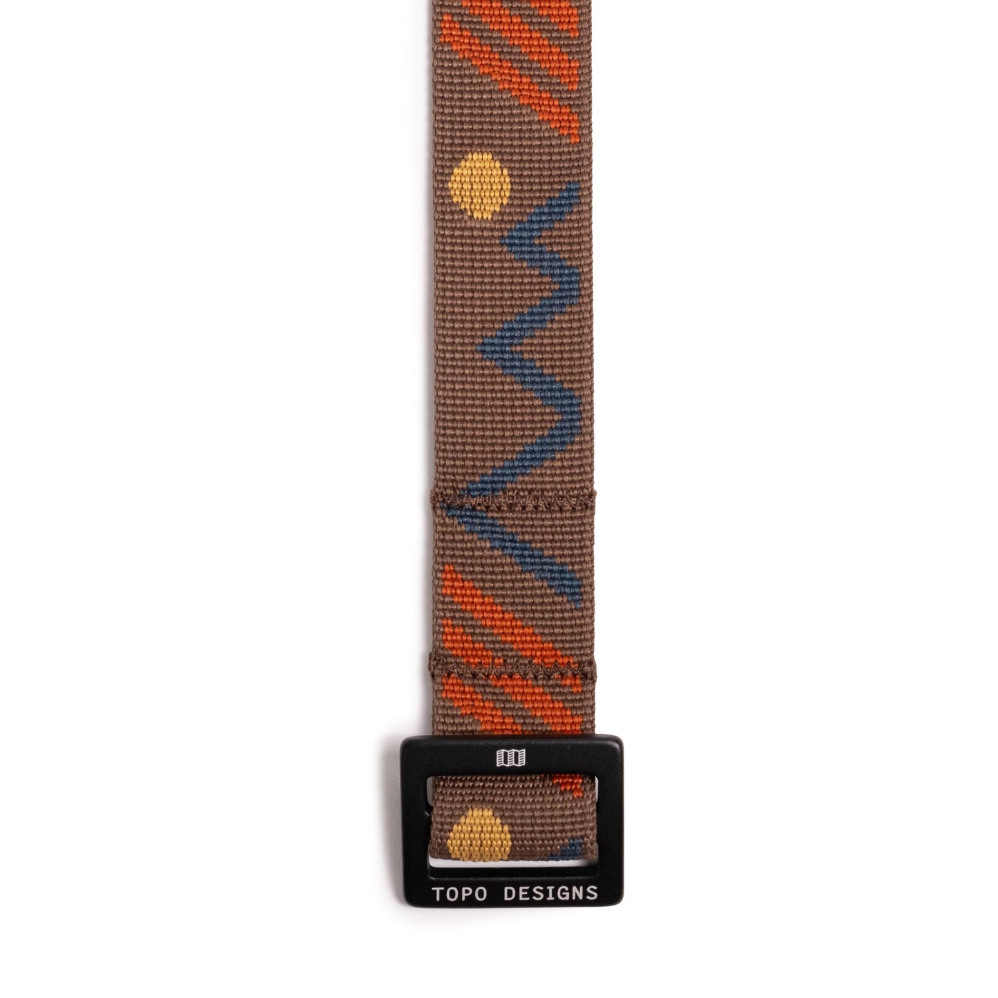 Detail white background image of Topo Designs Slim Web Belt in "Desert Palm / Goldenrod"