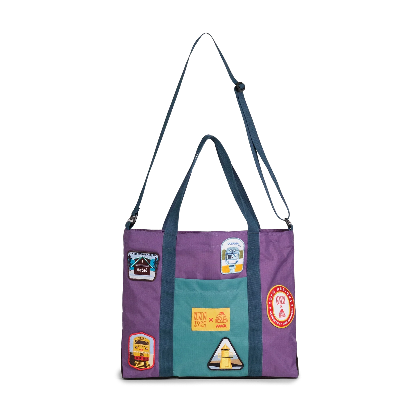 Front image of Topo Designs x AWA Mountain Essential Tote in "Loganberry / Caribbean" with shoulder strap extended