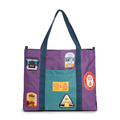 Front image of Topo Designs x AWA Mountain Essential Tote in "Loganberry / Caribbean"