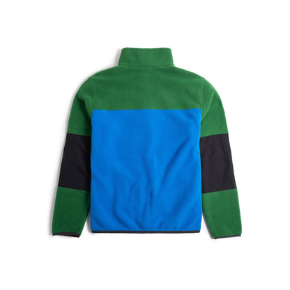 Back view of Topo Designs x Colorado Rapids Vista 1/4 Zip Fleece in "Abundant Green / Directoire Blue"