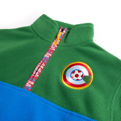 Front detail view of Topo Designs x Colorado Rapids Vista 1/4 Zip Fleece in "Abundant Green / Directoire Blue"