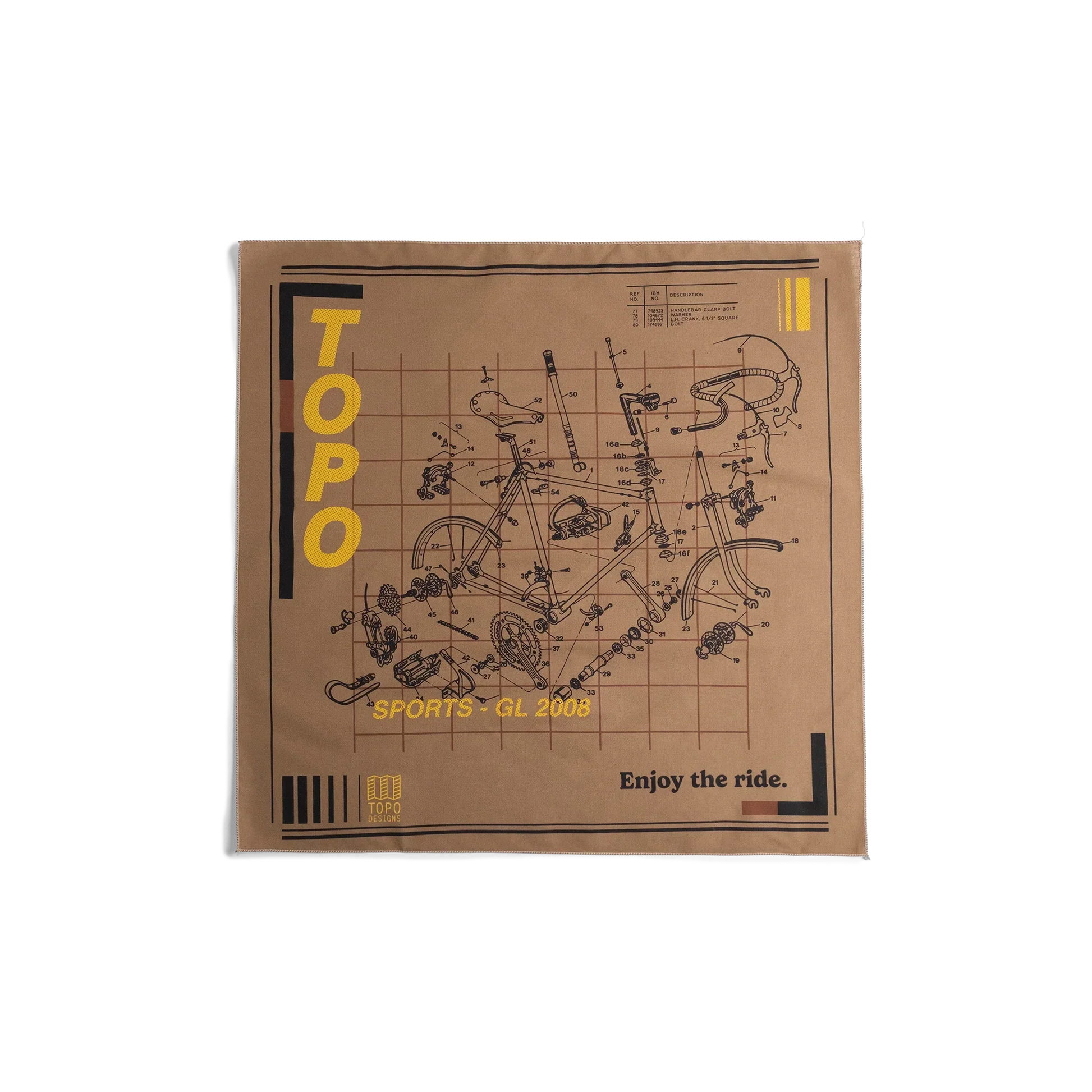 Front flay lay image of Topo Designs x Pine Printshop Enjoy The Ride Bandana in "Sand"