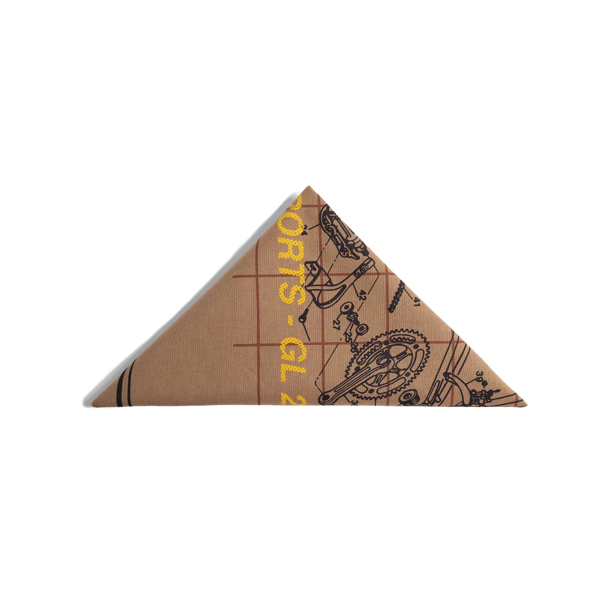 Triangle folded image of Topo Designs x Pine Printshop Enjoy The Ride Bandana in "Sand"