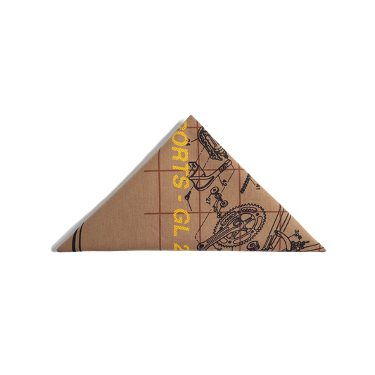 Triangle folded image of Topo Designs x Pine Printshop Enjoy The Ride Bandana in "Sand"