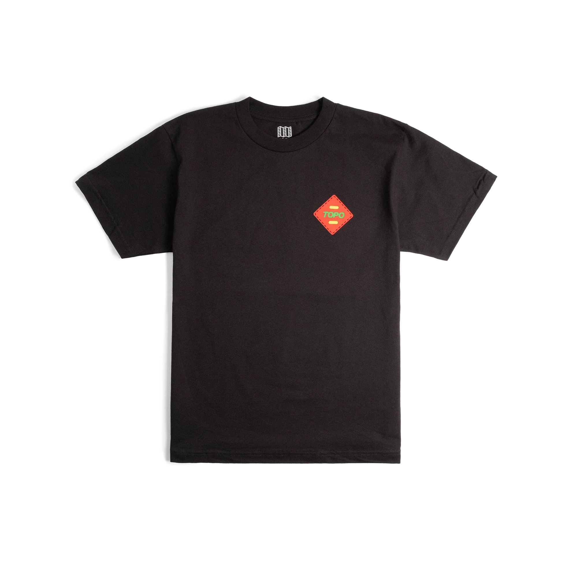 Front flat lay image of Topo Designs x Pine Printshop Klettersack Tee in "Black"