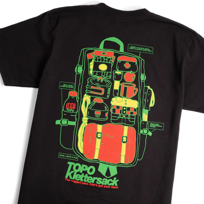 Back detail flat lay image of Topo Designs x Pine Printshop Klettersack Tee in "Black"