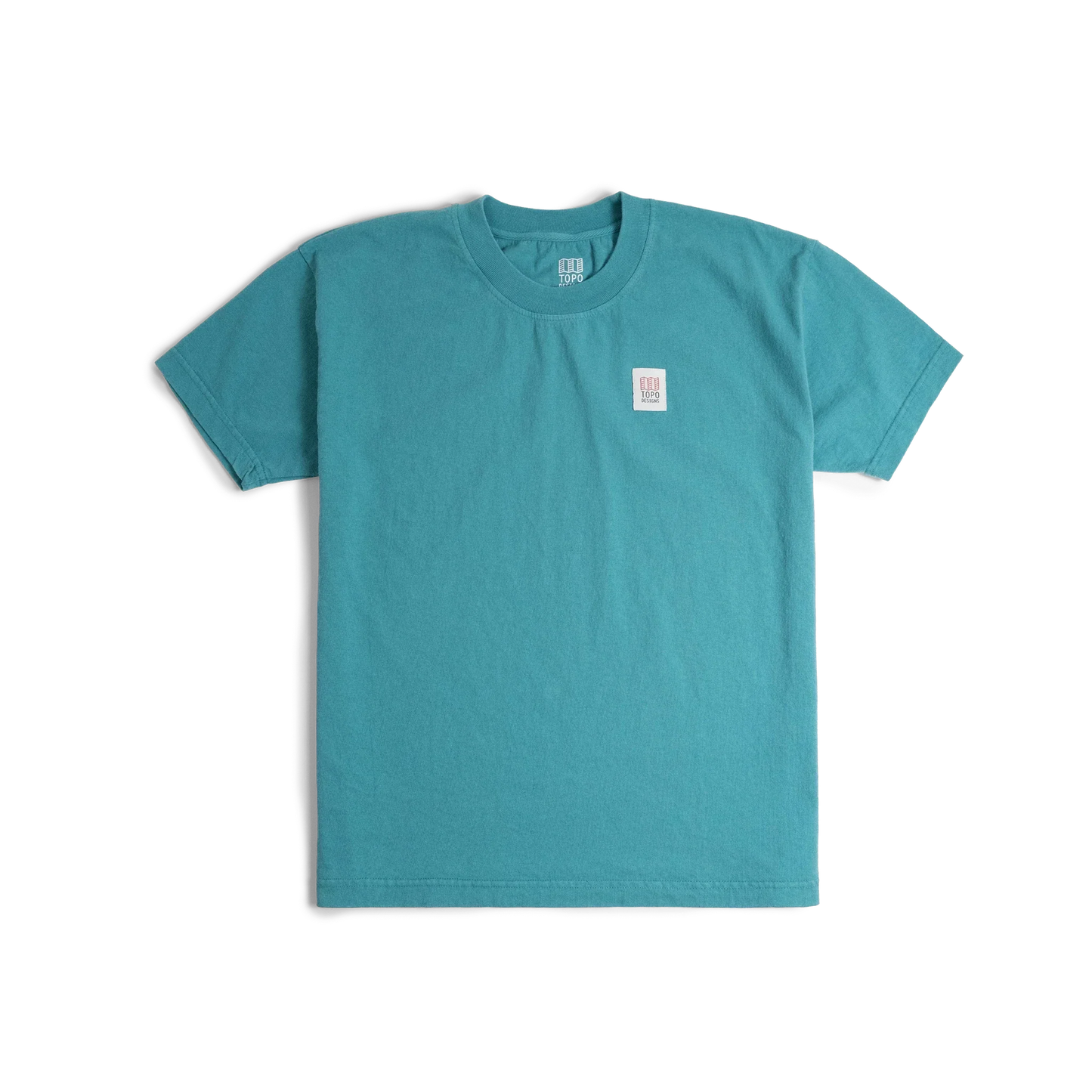 Front image of Topo Designs x Soft Goods Label Tee in "Alpine Teal"