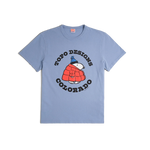 General front image of Topo Designs x TSPTR Puffy Coat Tee in "Sky Blue"