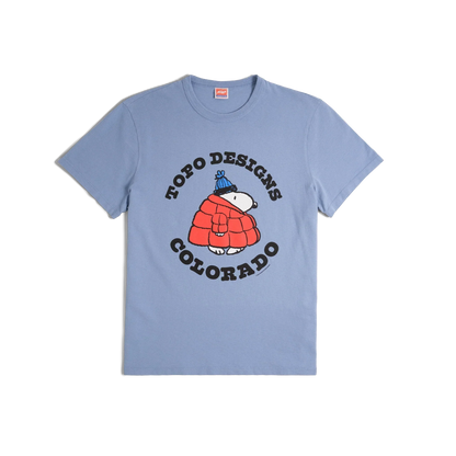 General front image of Topo Designs x TSPTR Puffy Coat Tee in "Sky Blue"