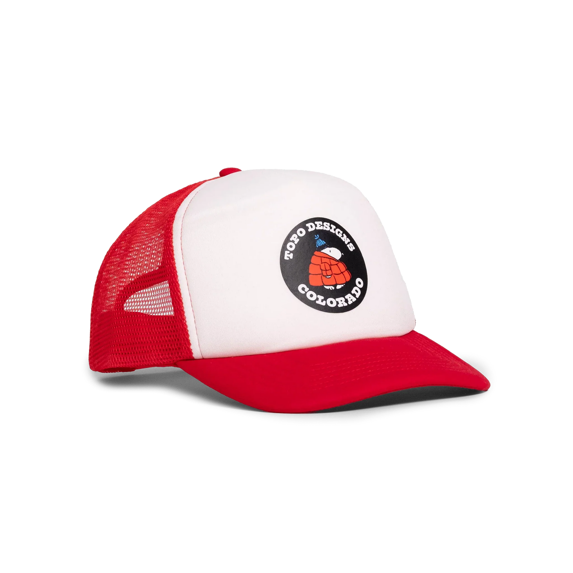 General quarter angle image of Topo Designs x TSPTR Snoopy Trucker in "Red / White"