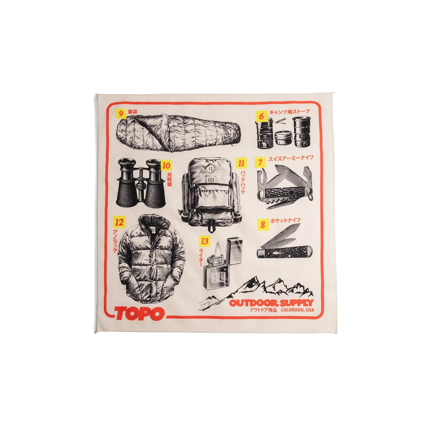Front flay lay image of Topo Designs x Pine Printshop Catalog Bandana in "Natural"