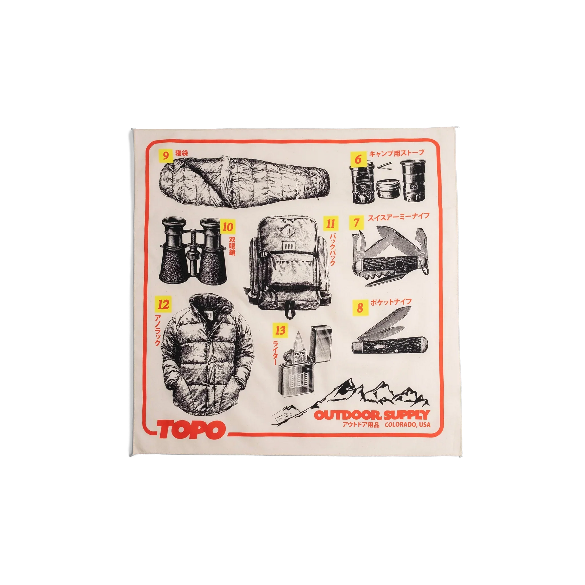 Front flay lay image of Topo Designs x Pine Printshop Catalog Bandana in "Natural"