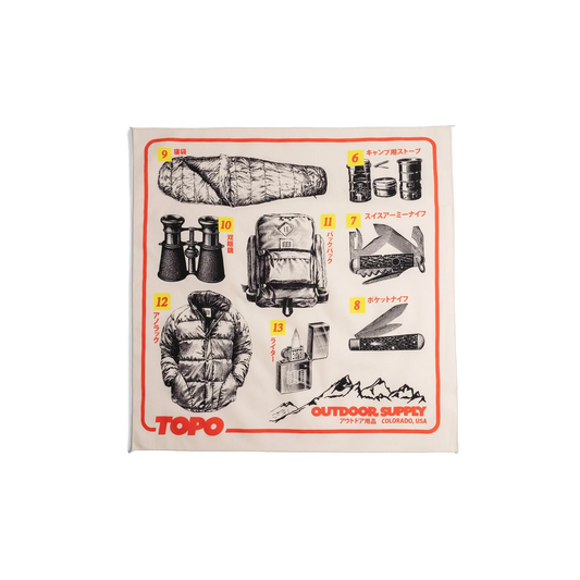 Front flay lay image of Topo Designs x Pine Printshop Catalog Bandana in "Natural"