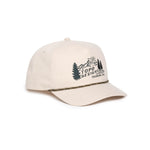Front quarter white background image of Topo Designs Twill Rope Cap - Mountain Scene in "Bone White"