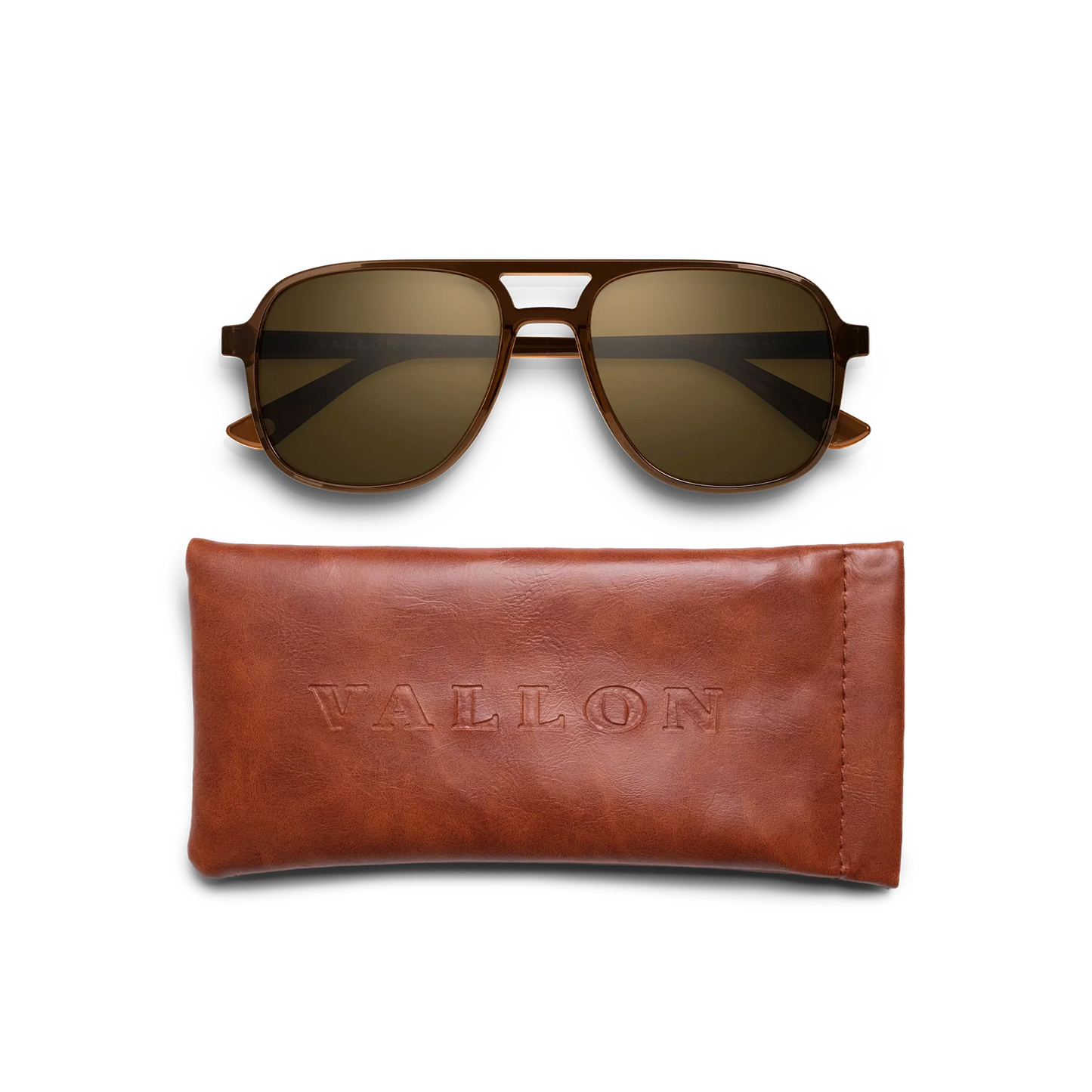 General view of VALLON X Topo Designs sunglasses in "Brown / Brown" with leather sunglasses case.