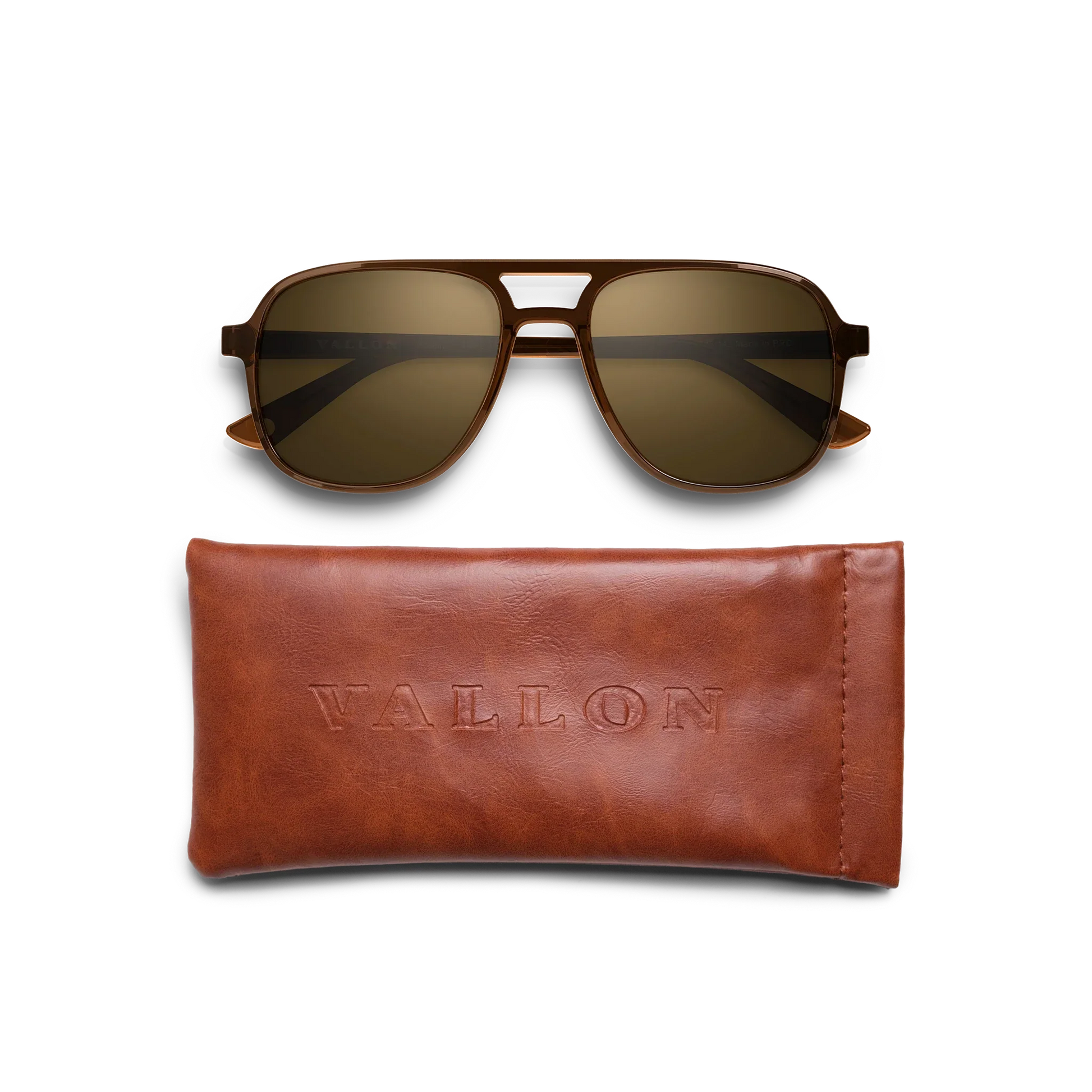 General view of VALLON X Topo Designs sunglasses in "Brown / Brown" with leather sunglasses case.