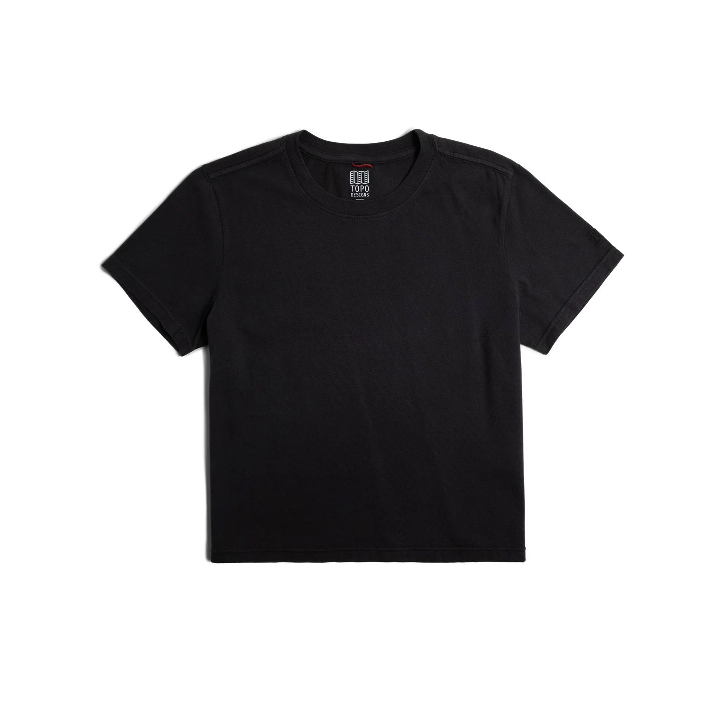 Front flat lay image on white background of Topo Designs Dirt Tee - Women's in "Black"