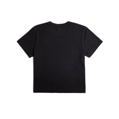 Back flat lay image on white background of Topo Designs Dirt Tee - Women's in "Black"