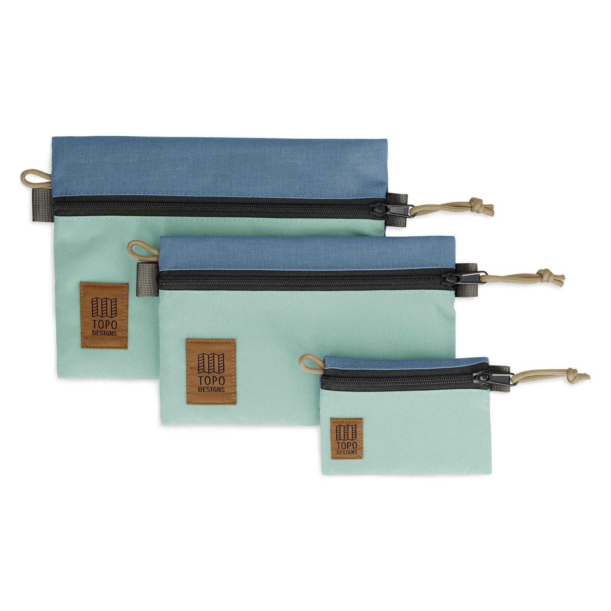 Topo Designs Accessory Bags - product shot of the "Medium", "Small", and "Micro" accessory bags in "Stone Blue / Ash Green"