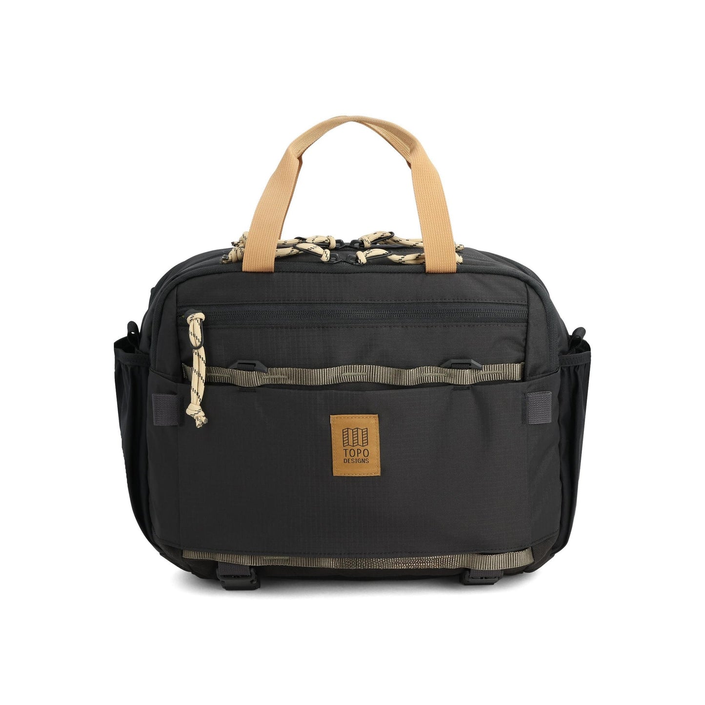 Front View of Topo Designs Mountain Cross Bag in "Black / Neutral"