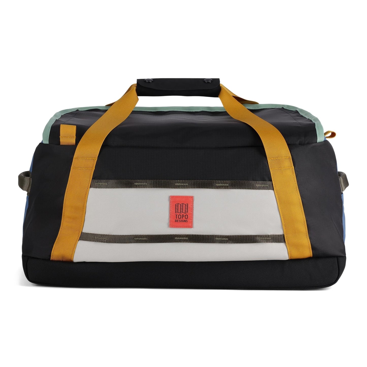 Back View of Topo Designs Mountain Duffel 40L in "Stone Blue / Bone White"