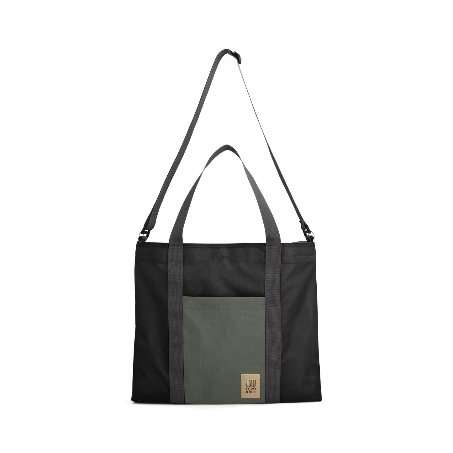 Front View of Topo Designs Mountain Essential Tote in "Black / Neutral"