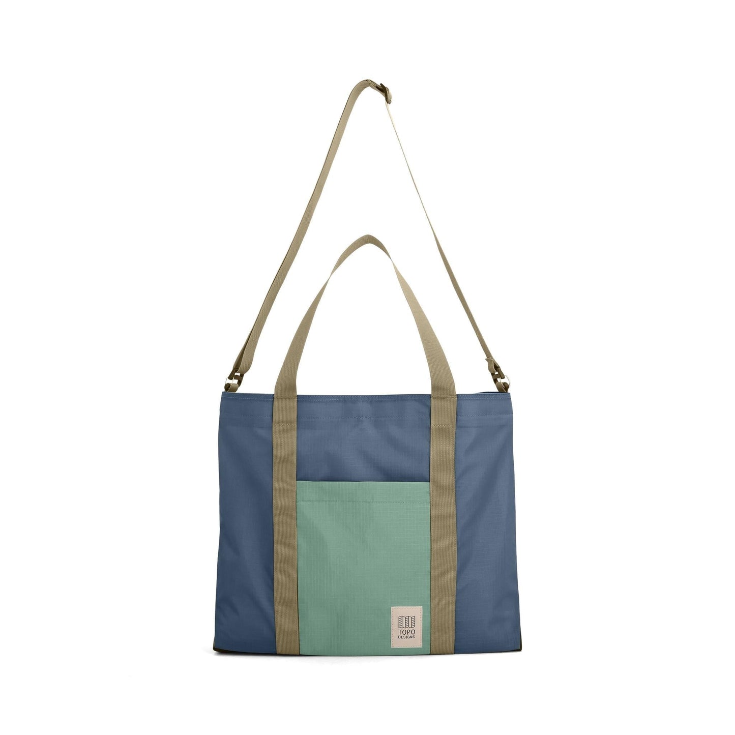 Front View of Topo Designs Mountain Essential Tote in "Stone Blue / Ash Green"