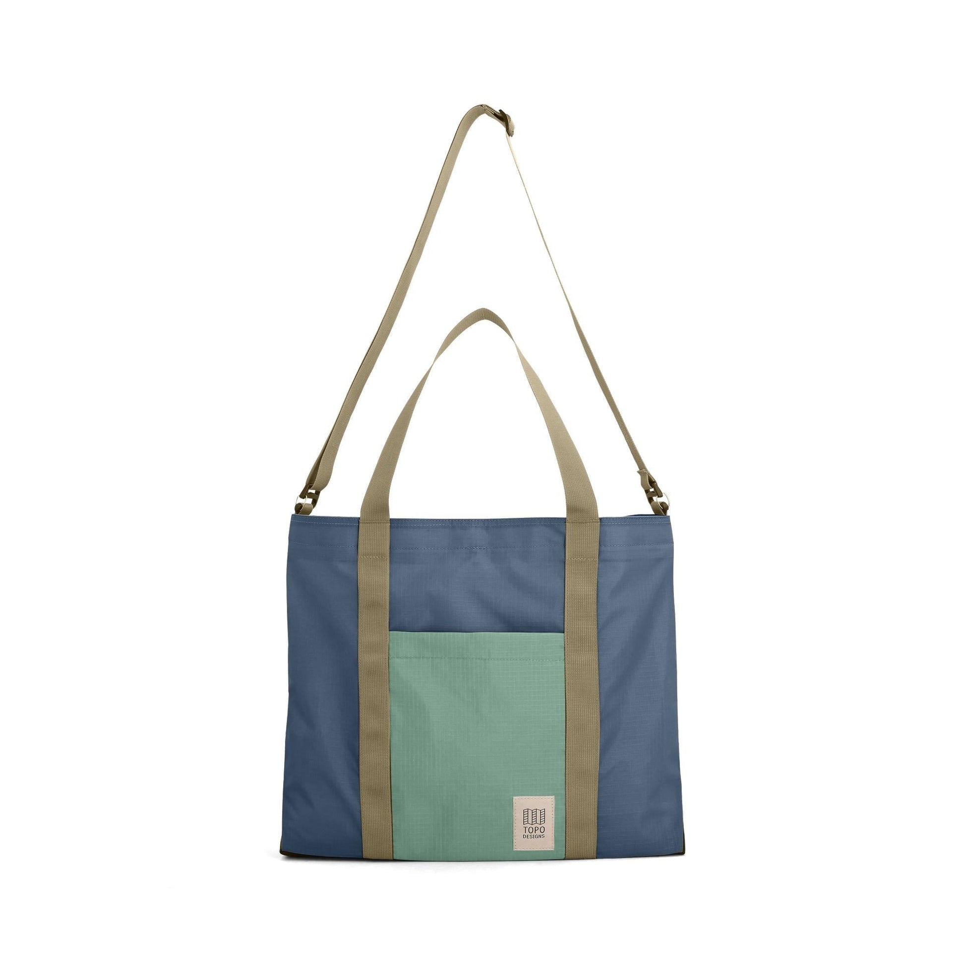 Front View of Topo Designs Mountain Essential Tote in "Stone Blue / Ash Green"