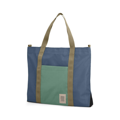 Front View of Topo Designs Mountain Essential Tote in "Stone Blue / Ash Green"