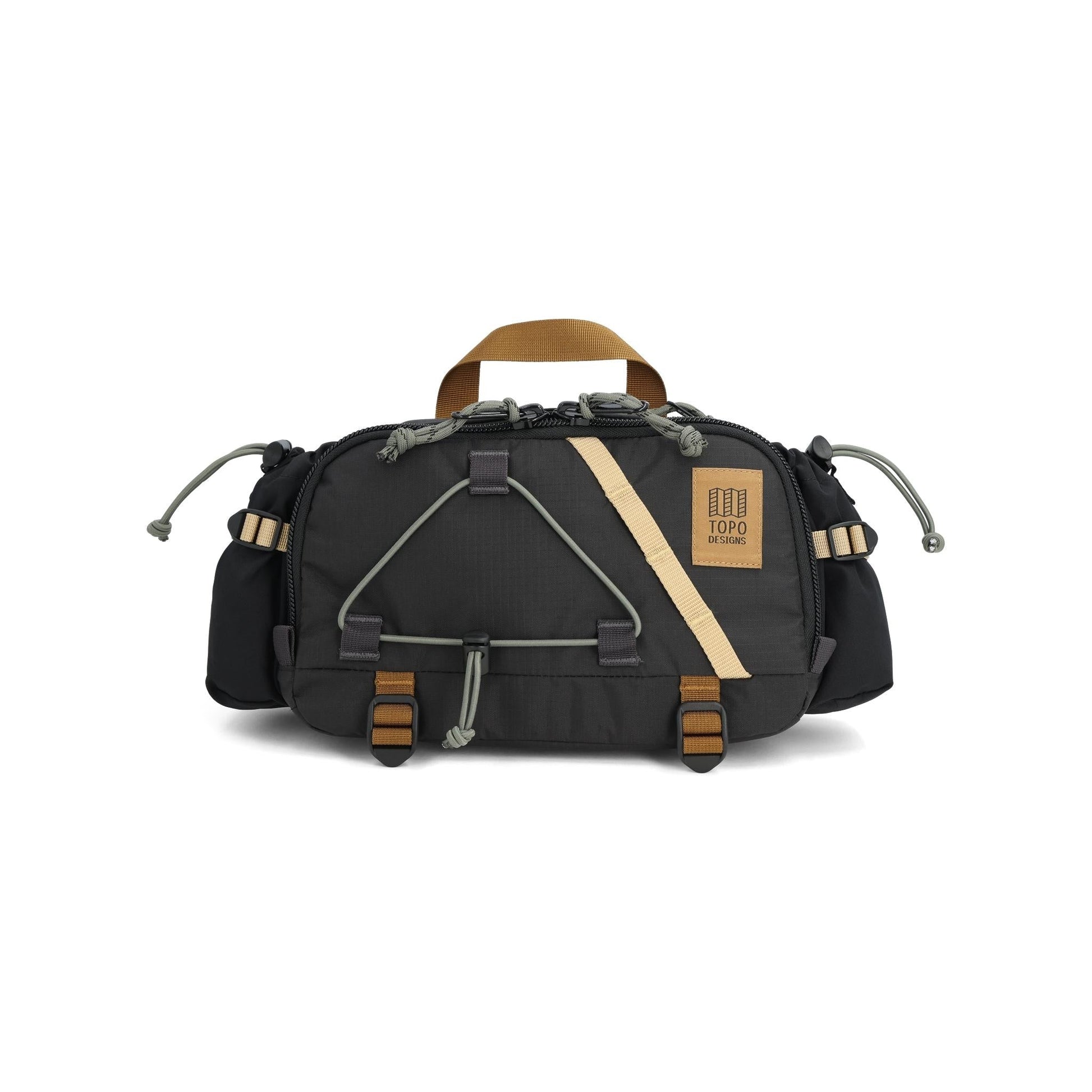 Front View of Topo Designs Mountain Hydro Hip Pack in "Black / Neutral"