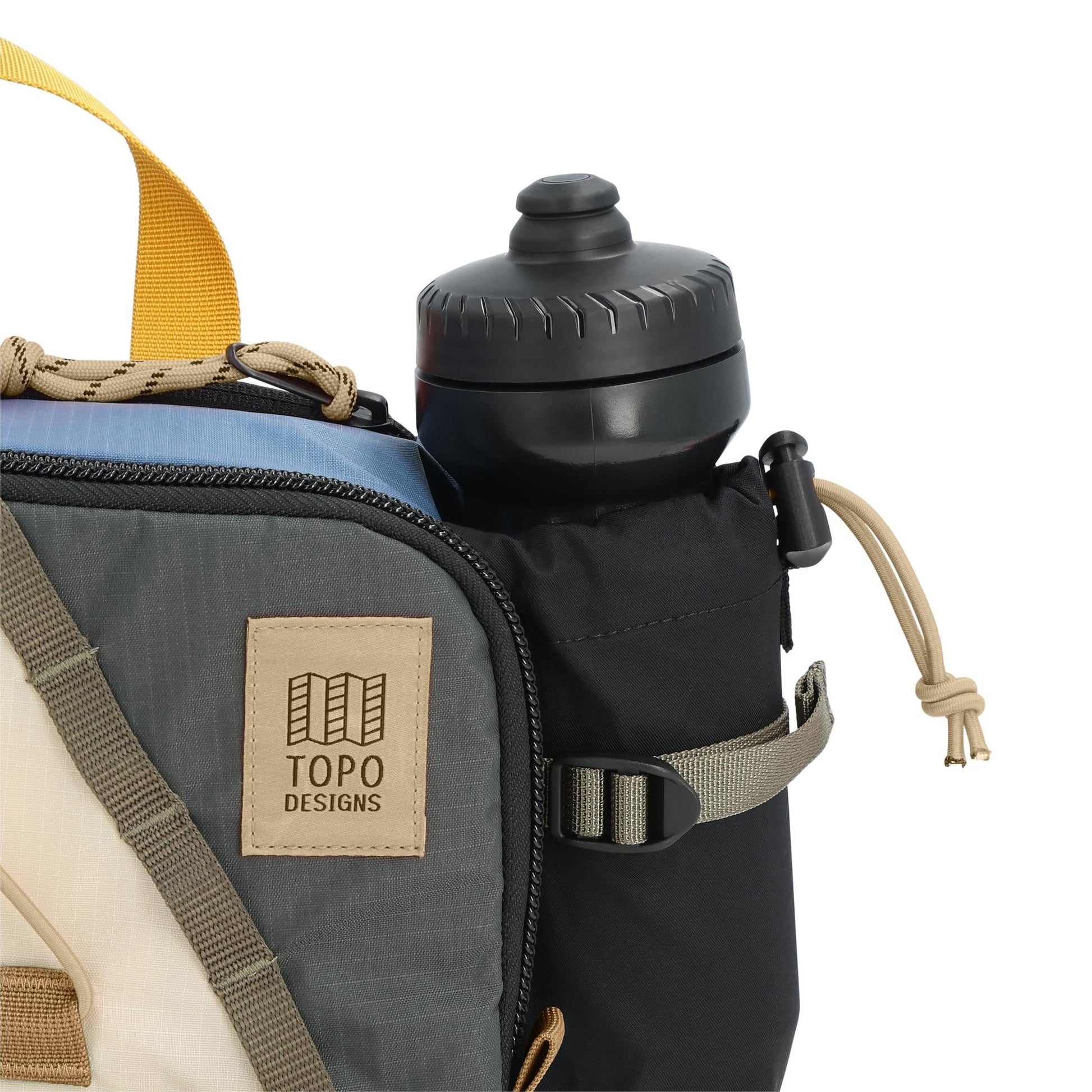 General Detail shot of Topo Designs Mountain Hydro Hip Pack in "Stone Blue / Bone White"