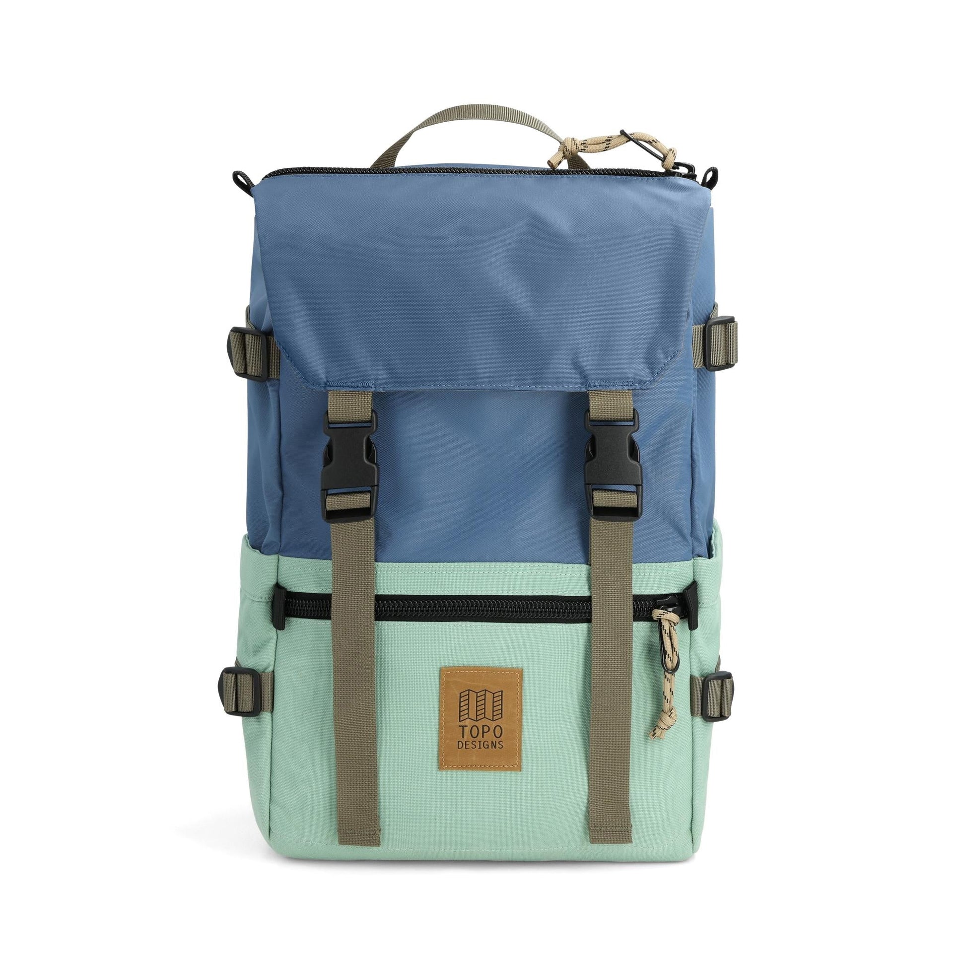 Front View of Topo Designs Rover Pack Classic in "Stone Blue / Ash Green"