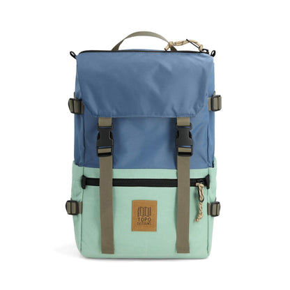 Front View of Topo Designs Rover Pack Classic in "Stone Blue / Ash Green"