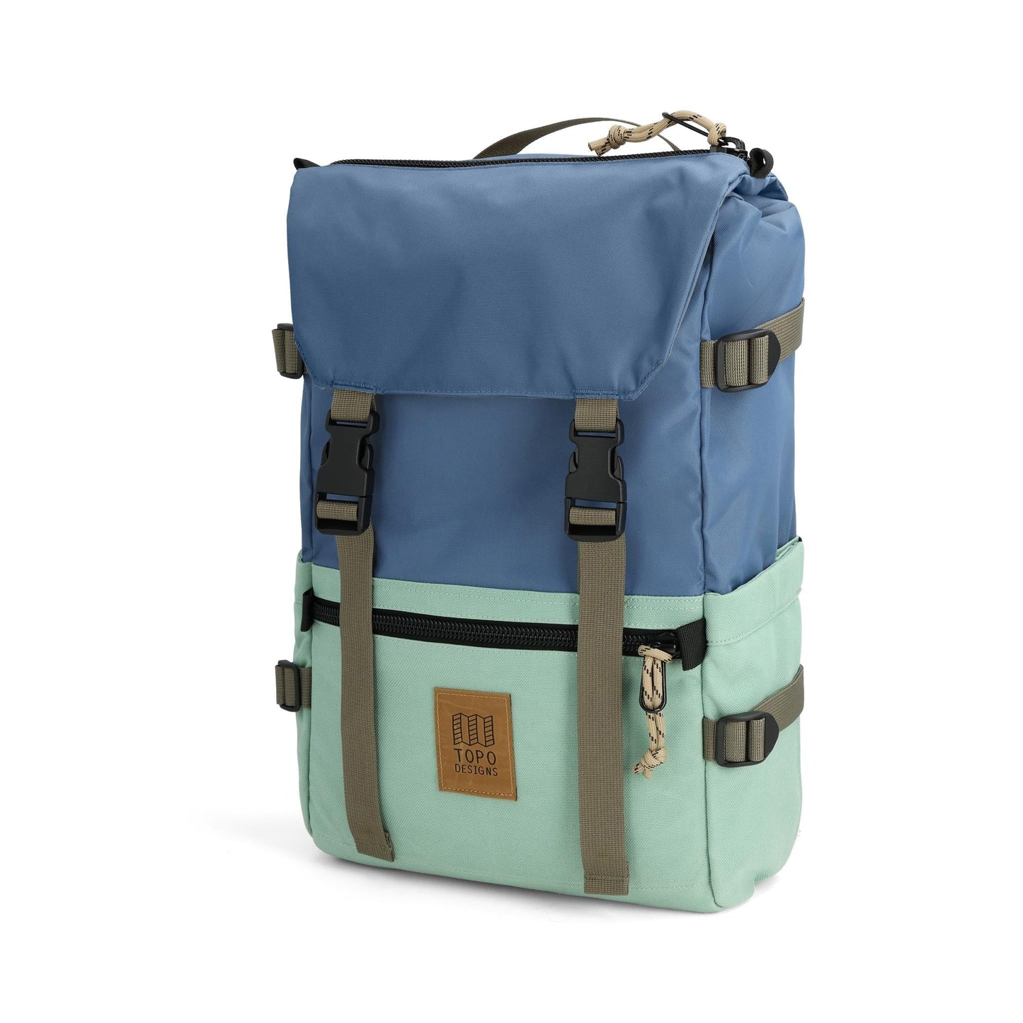 Front View of Topo Designs Rover Pack Classic in "Stone Blue / Ash Green"
