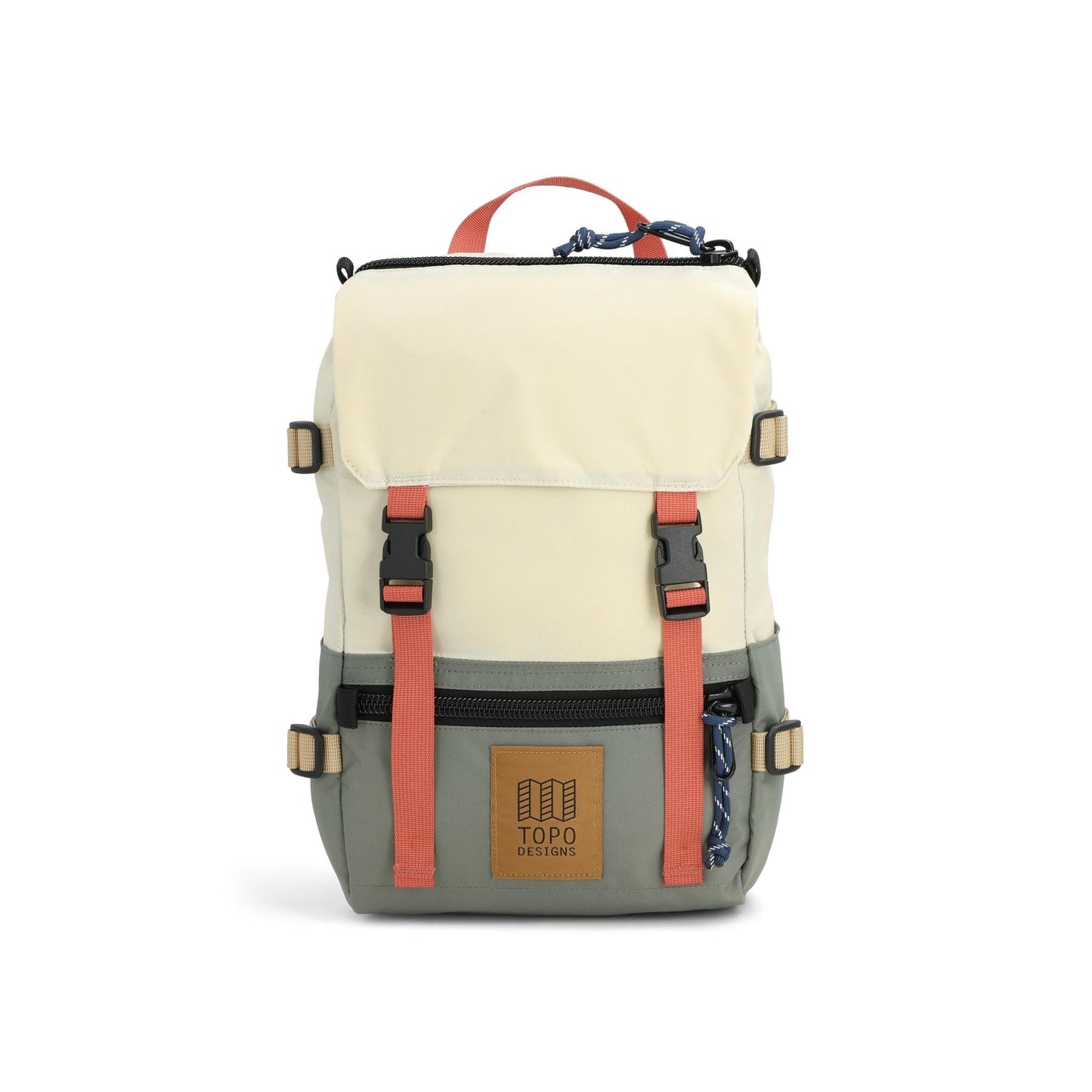 Front View of Topo Designs Rover Pack Mini in "Bone White / Beetle"