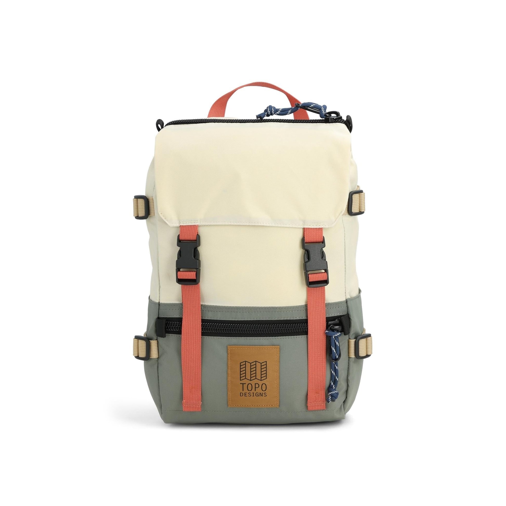 Front View of Topo Designs Rover Pack Mini in "Bone White / Beetle"