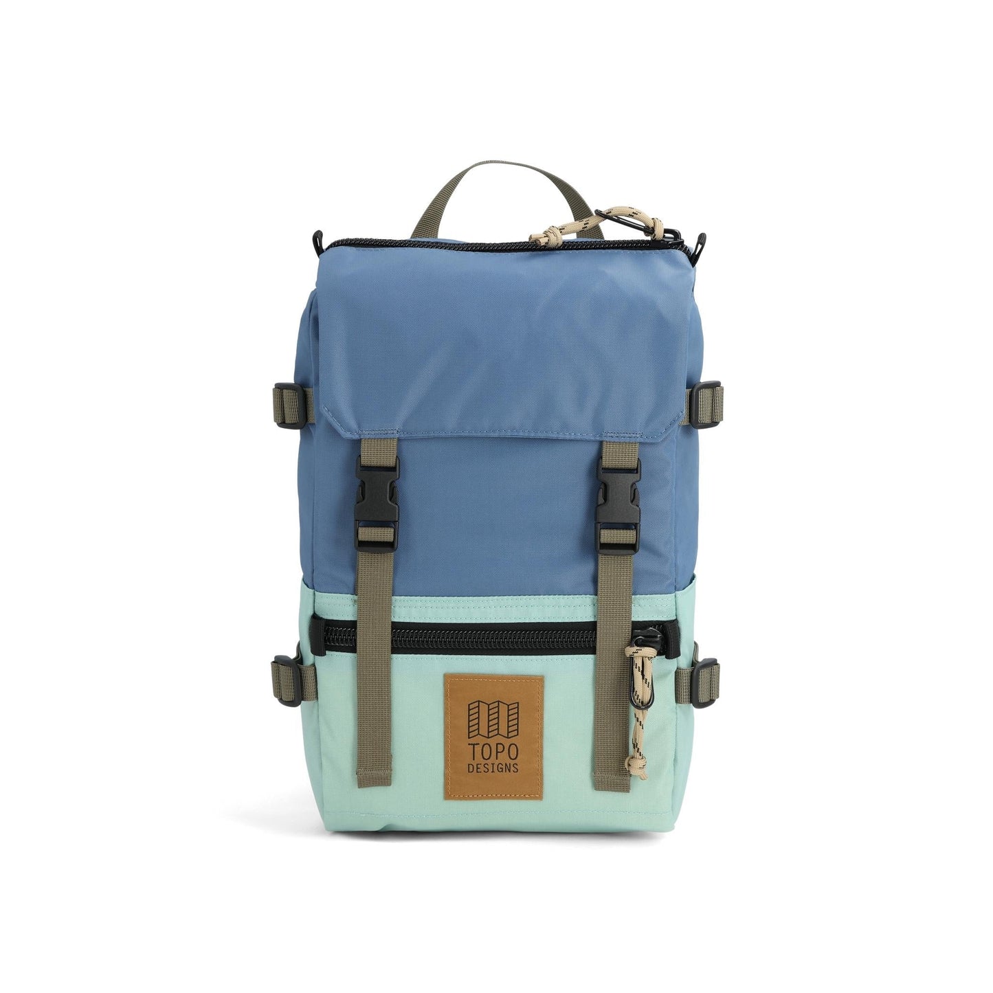 Front View of Topo Designs Rover Pack Mini in "Stone Blue / Ash Green"