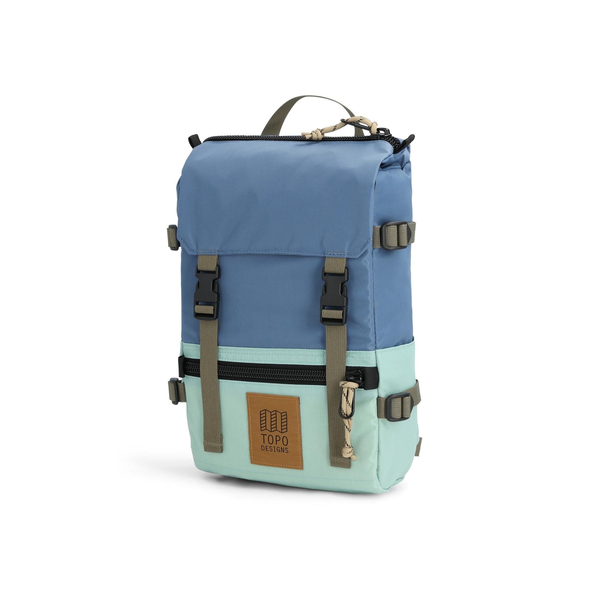 Front View of Topo Designs Rover Pack Mini in "Stone Blue / Ash Green"
