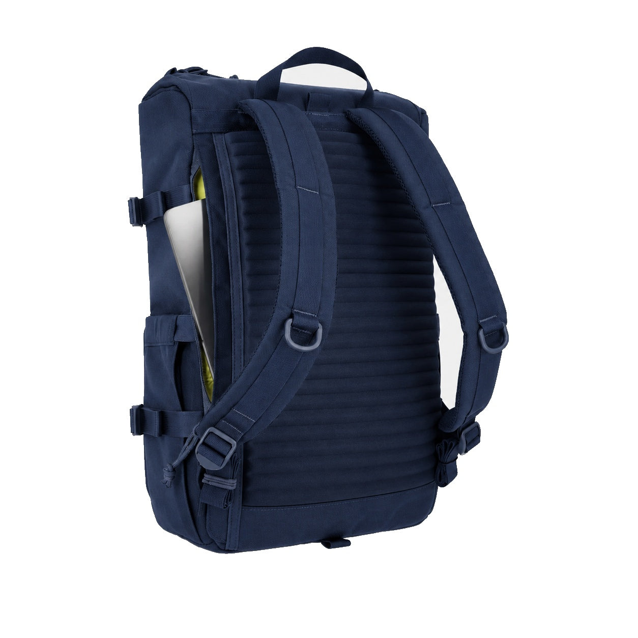 General Back Detail Shot of the Topo Designs Rover Pack Tech in "Navy" showing external access to padded laptop sleeve and RidgeBack™️ back panel and backpack straps